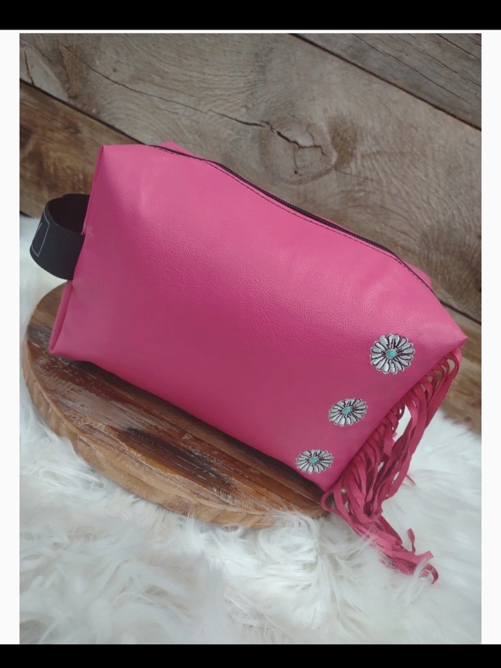 Fringed Pink Cosmetic Wristlet with Concho Accents
